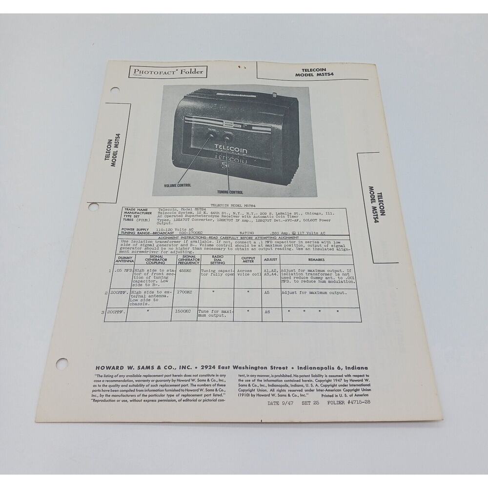 VTG Howard Sams 1947 Radio Photofact Folder Telecoin Model M5TS4
